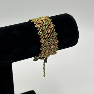 Hand Crafted Bronze Green and Pink Lattice Bracelet